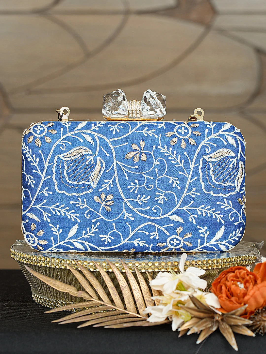 Ada Hand Embroidered Royal Blue Silk Lucknowi Chikankari Clutch With Zari Taar Work 01A838346