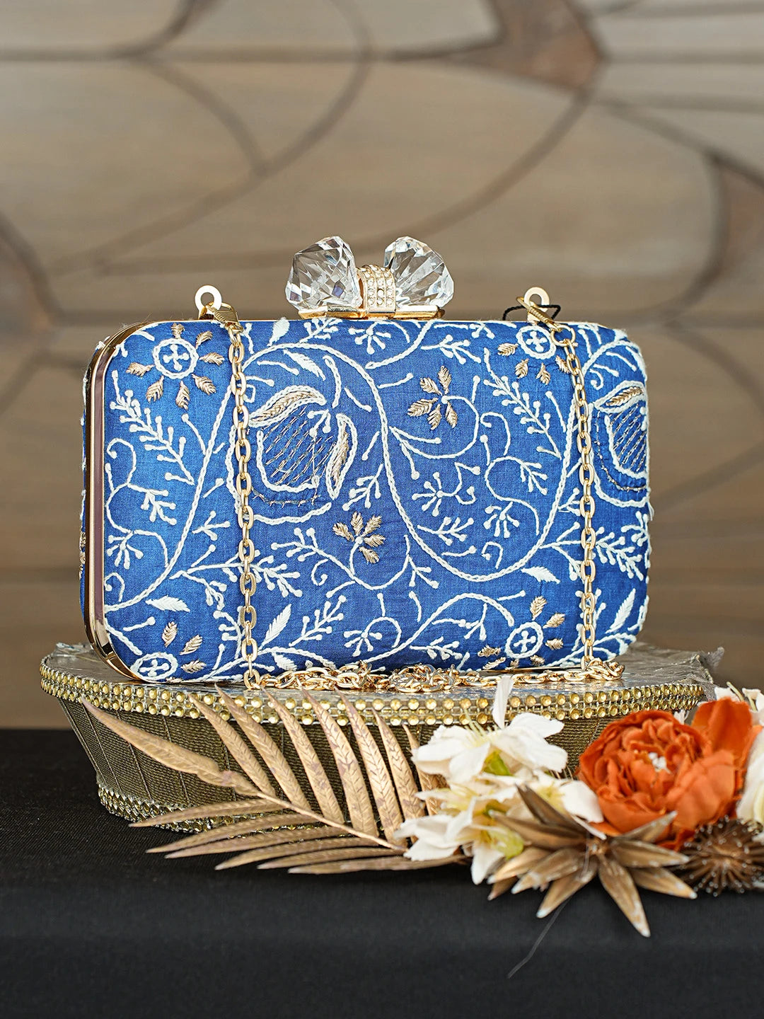 Ada Hand Embroidered Royal Blue Silk Lucknowi Chikankari Clutch With Zari Taar Work 01A838346