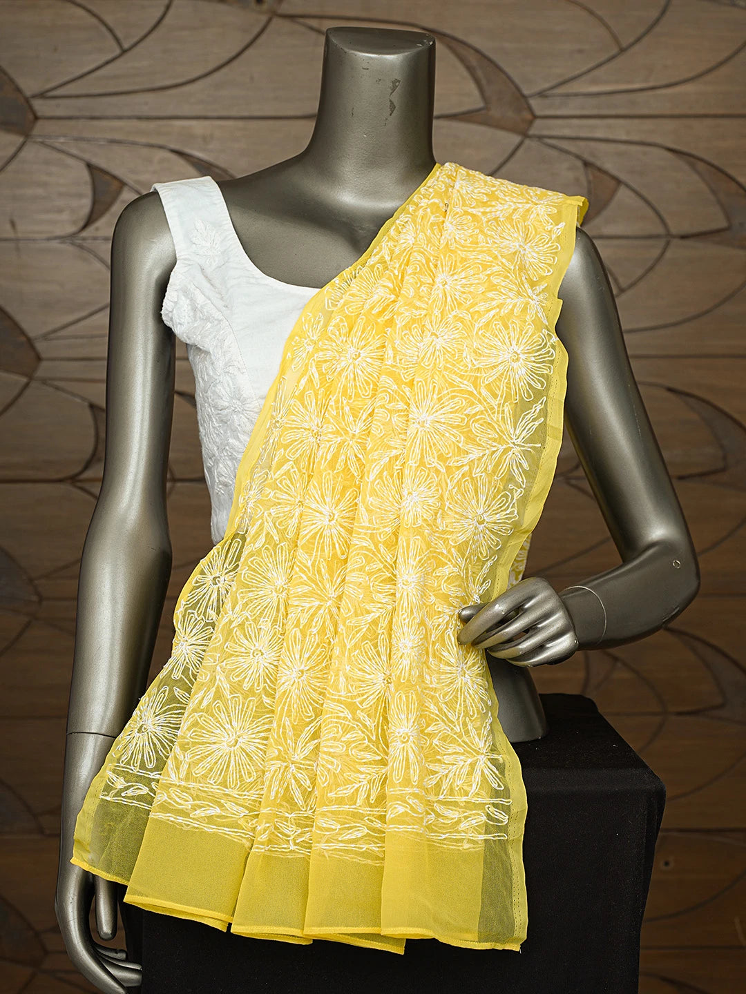 Ada Hand Embroidered Yellow Georgette Lucknowi Chikankari Dupatta 01A791215