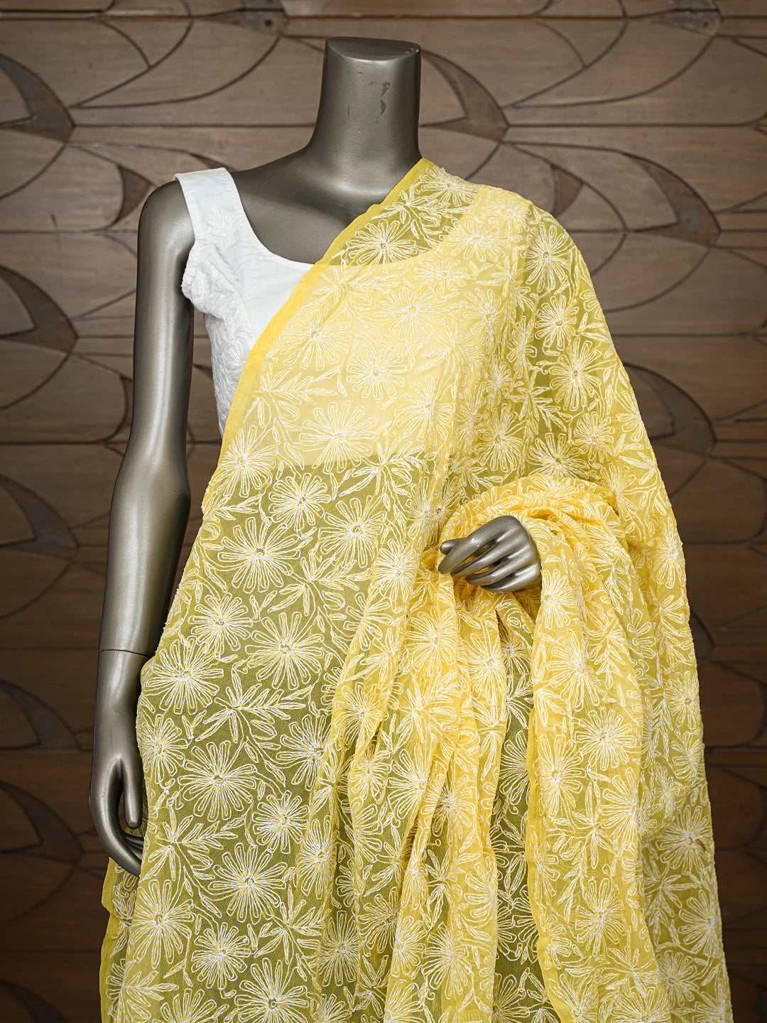 Ada Hand Embroidered Yellow Georgette Lucknowi Chikankari Dupatta 01A791215