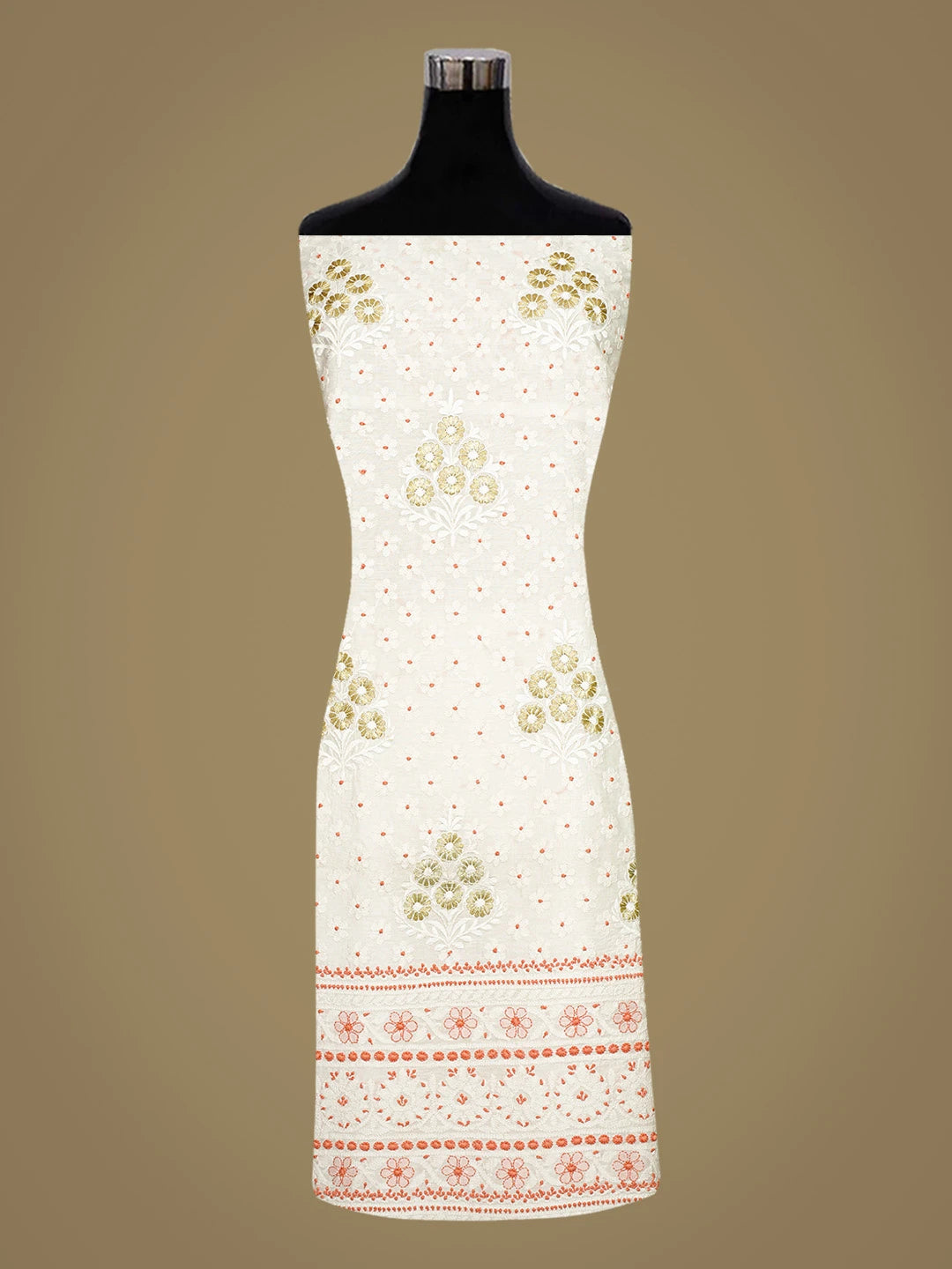 Ada Hand Embroidered White Chanderi Lucknowi Chikankari Unstitched Kurta Piece With Parsi Work 01A192936