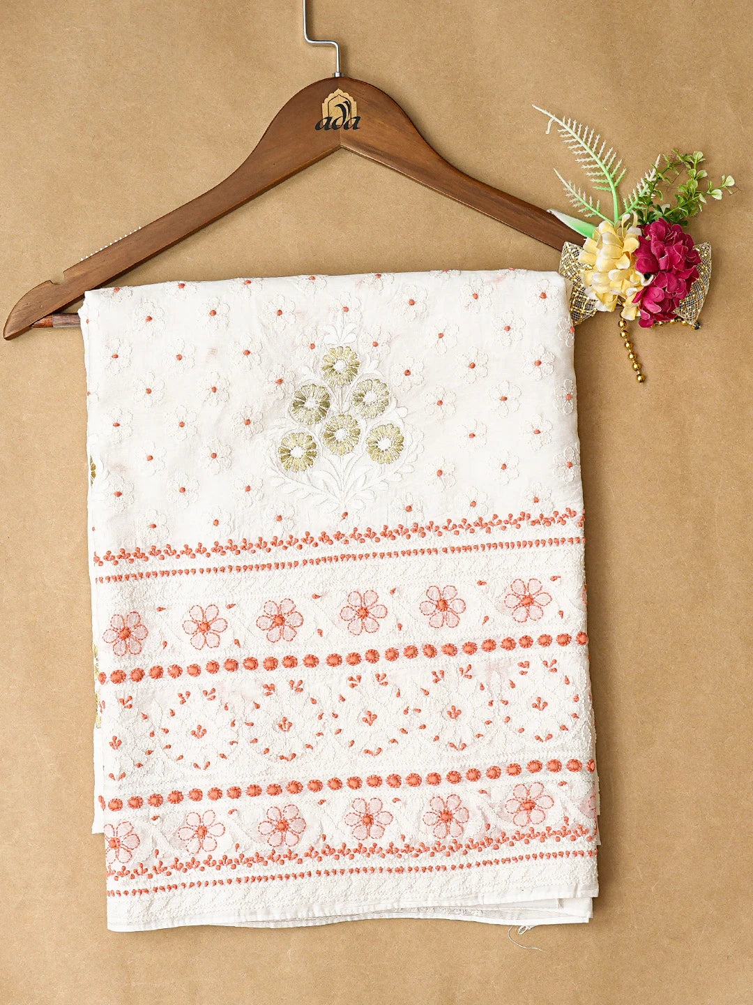 Ada Hand Embroidered White Chanderi Lucknowi Chikankari Unstitched Kurta Piece With Parsi Work 01A192936