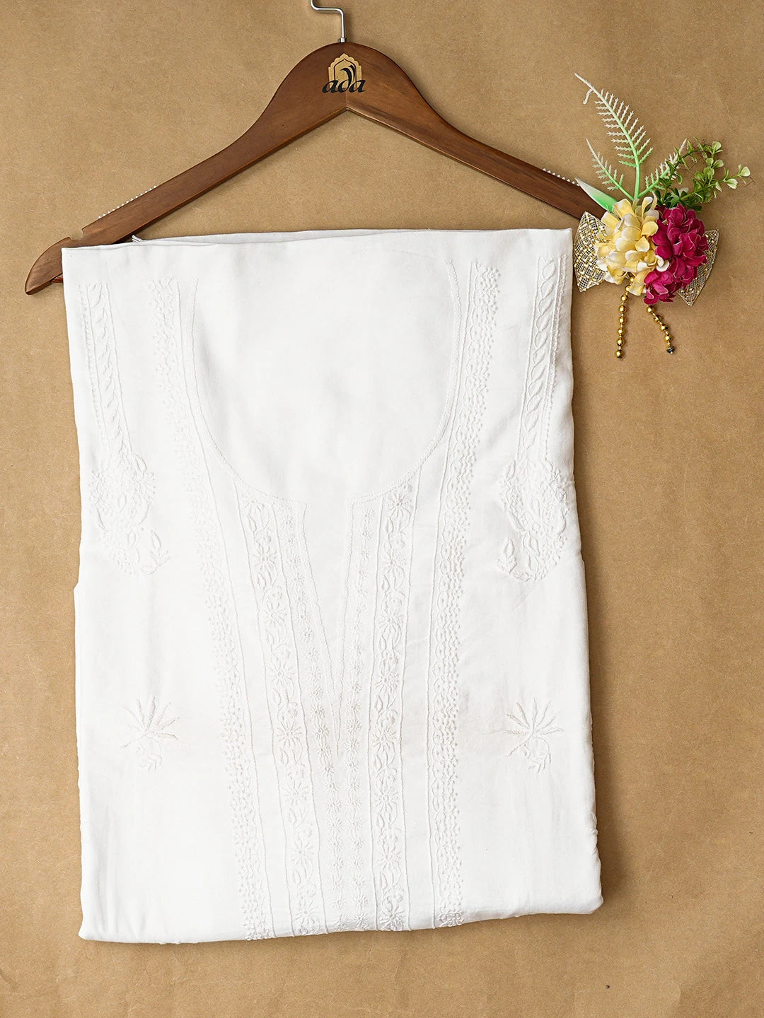 Ada Hand Embroidered White Cotton Lucknowi Chikankari Unstitched Kurta Piece A581636