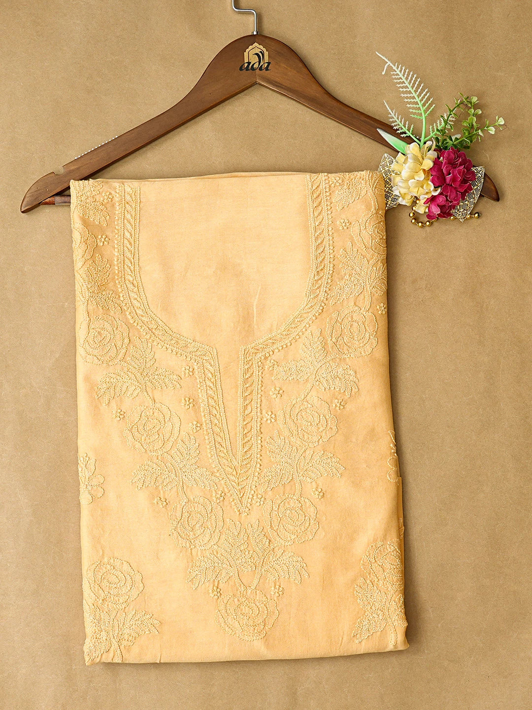 Ada Hand Embroidered Citrine Yellow Chanderi Lucknowi Chikankari Unstitched Kurta Piece 01A784964