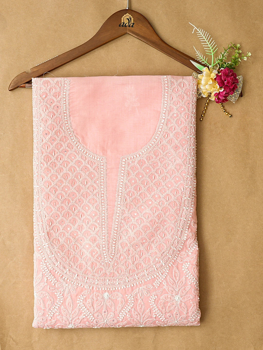 Ada Hand Embroidered Peach Cotton Lucknowi Chikankari Unstitched Kurta Piece With Cutdana Work 01A825240