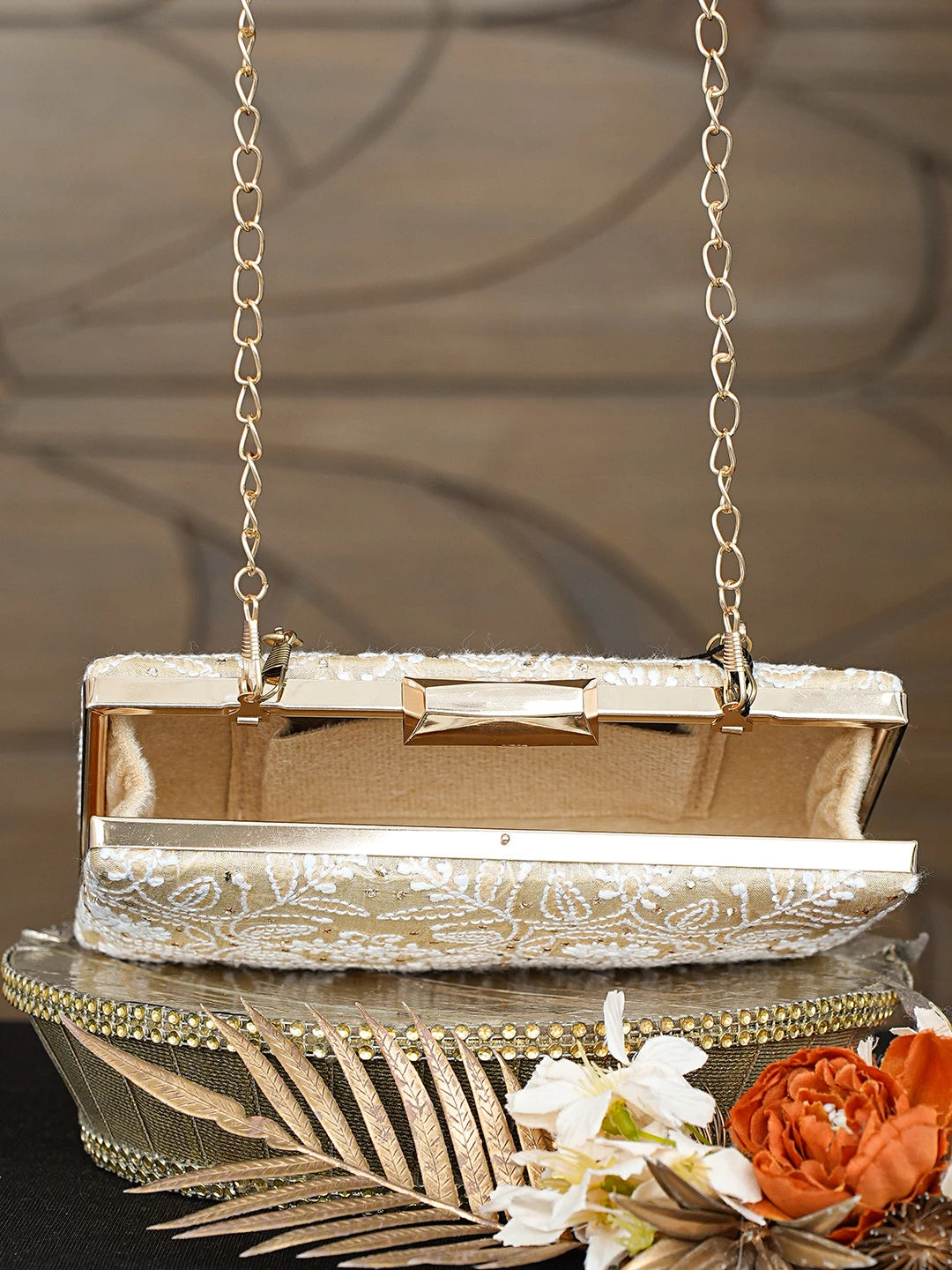 Ada Hand Embroidered Fawn Silk Lucknowi Chikankari Clutch With Muqaish Work 01A791407