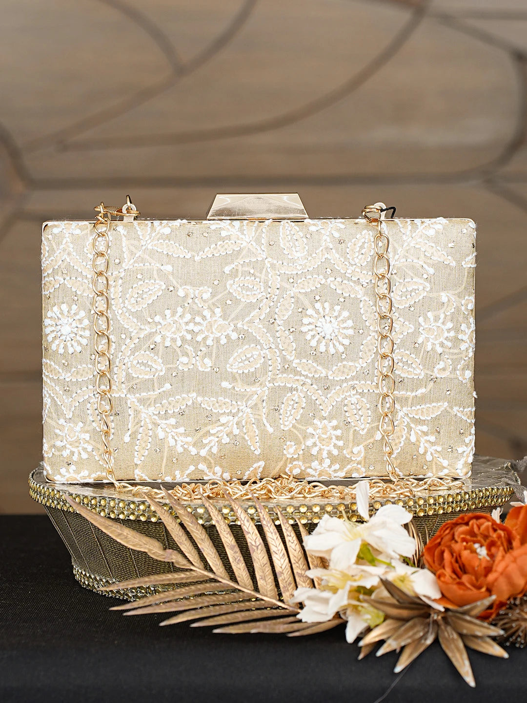 Ada Hand Embroidered Fawn Silk Lucknowi Chikankari Clutch With Muqaish Work 01A791407