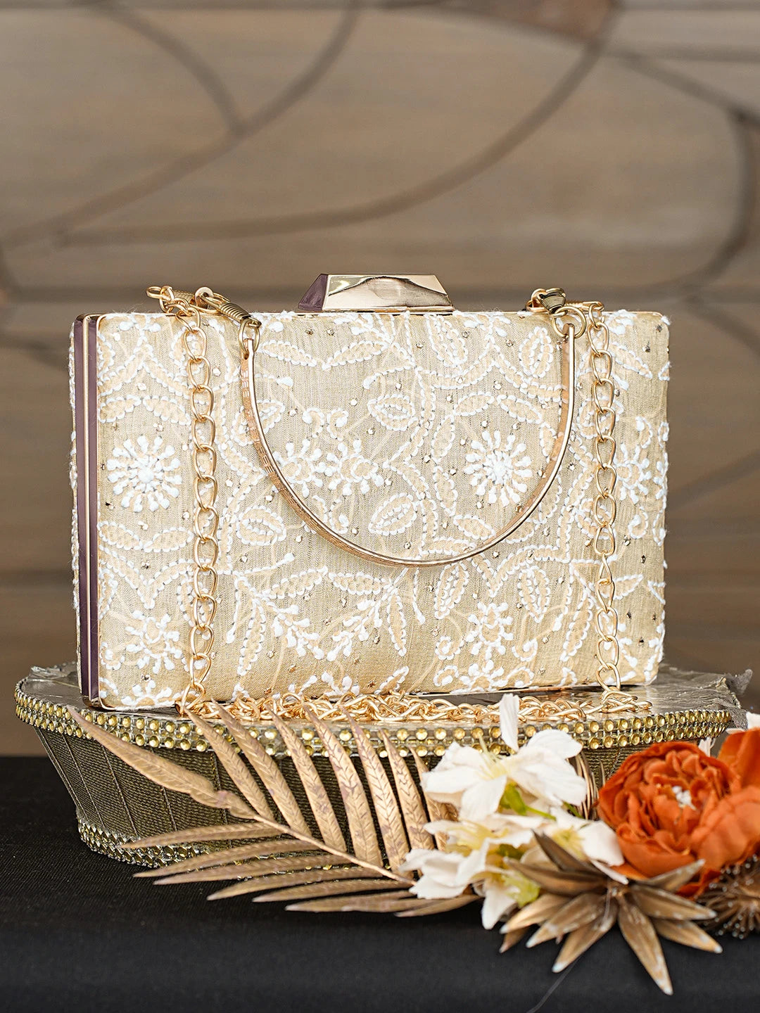 Ada Hand Embroidered Fawn Silk Lucknowi Chikankari Clutch With Muqaish Work 01A791407
