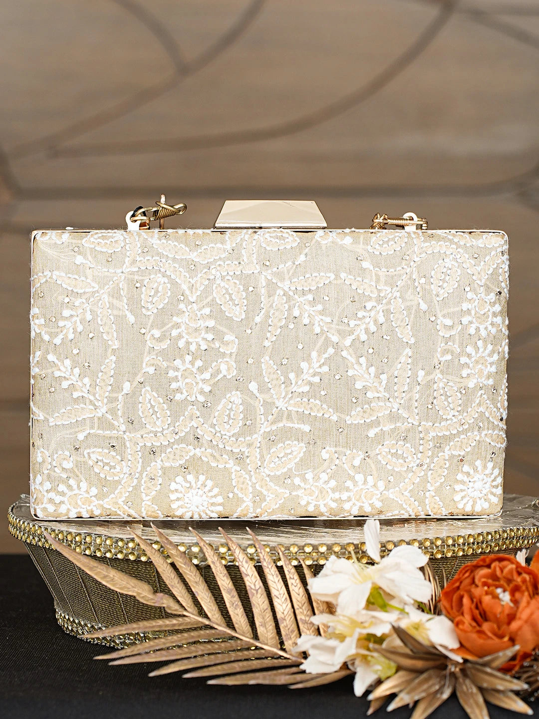 Ada Hand Embroidered Fawn Silk Lucknowi Chikankari Clutch With Muqaish Work 01A791407