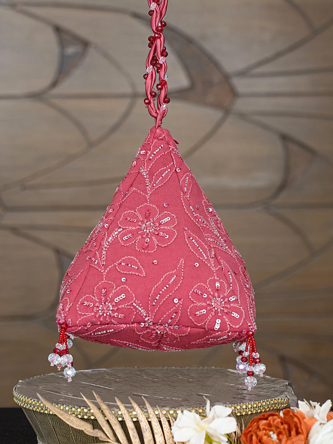 Ada Hand Embroidered Maroon Viscose Georgette Lucknowi Chikankari Potli Bag With Sequinned  Work 08A502685