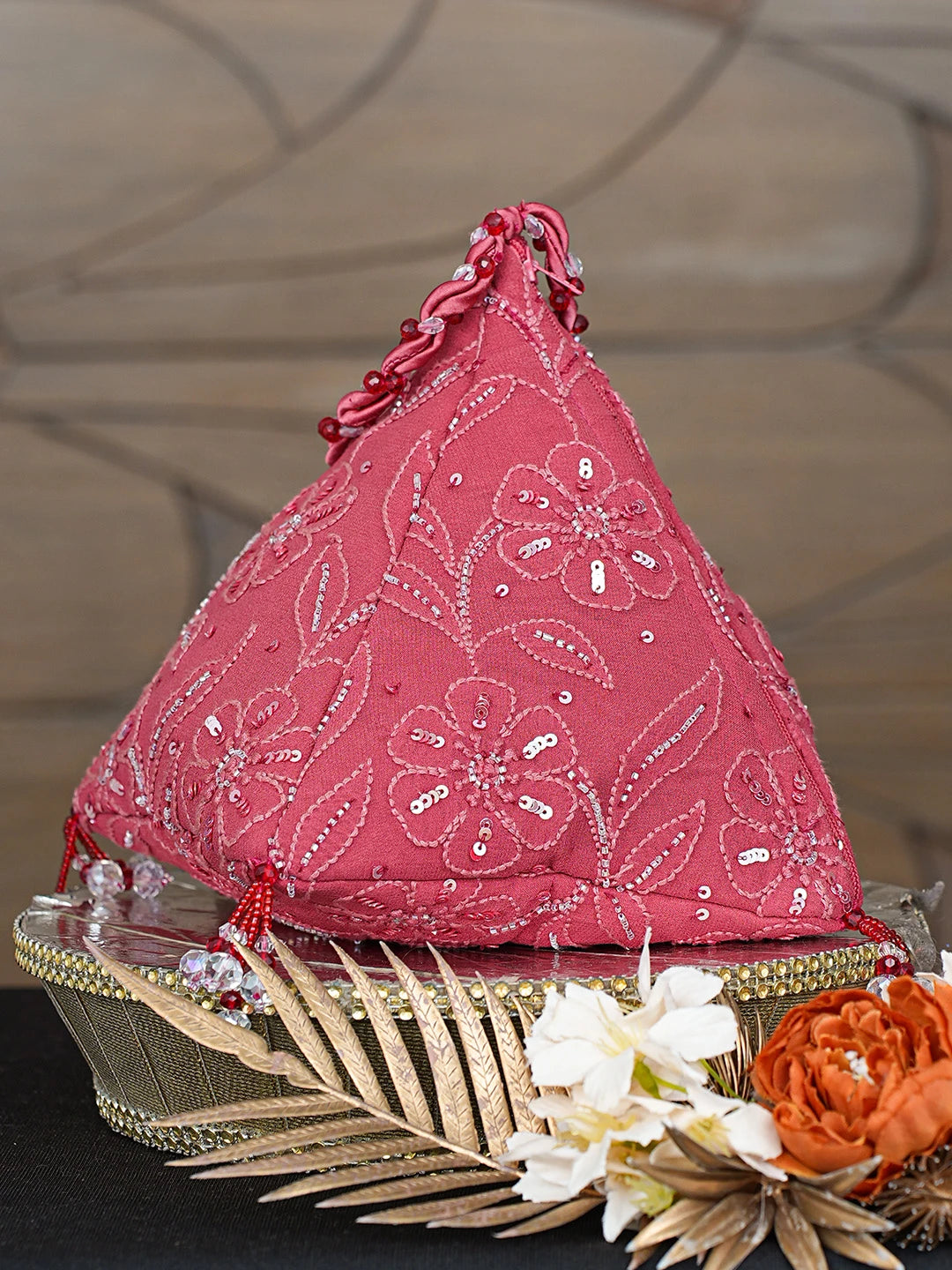 Ada Hand Embroidered Maroon Viscose Georgette Lucknowi Chikankari Potli Bag With Sequinned  Work 08A502685