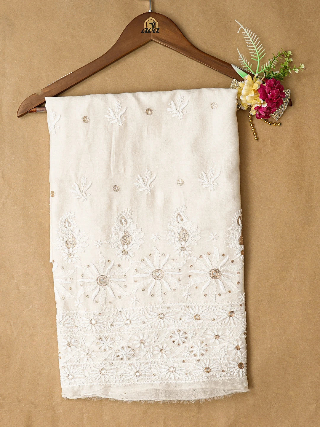 Ada Hand Embroidered White Chanderi Lucknowi Chikankari Unstitched Kurta Piece With Mirror Work 01A372749