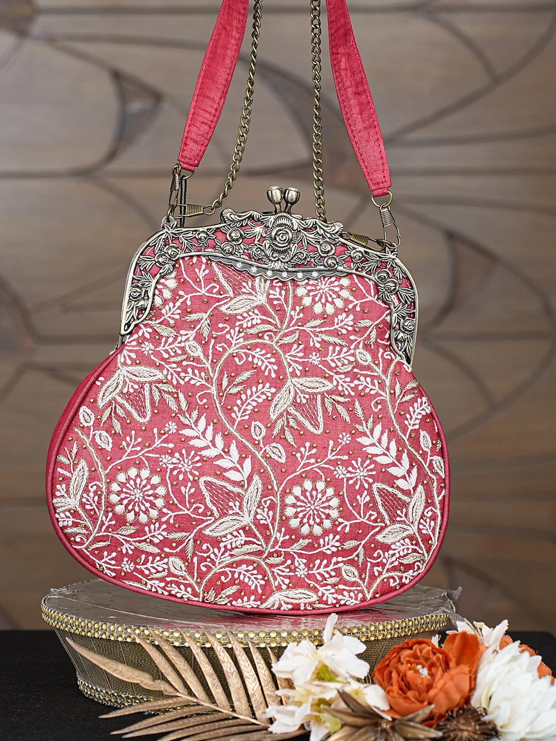 Ada Hand Embroidered Red Silk Lucknowi Chikankari Clutch With Zari Work 01A791558