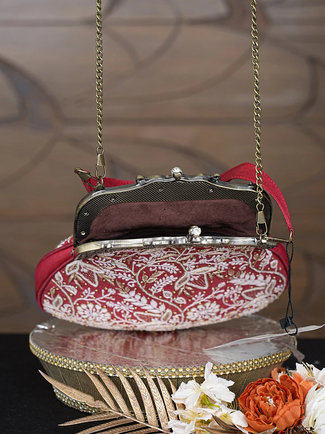 Ada Hand Embroidered Red Silk Lucknowi Chikankari Clutch With Zari Work 01A791558