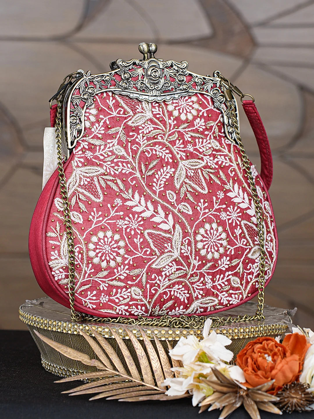 Ada Hand Embroidered Red Silk Lucknowi Chikankari Clutch With Zari Work 01A791558
