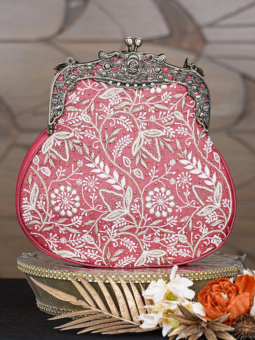 Ada Hand Embroidered Red Silk Lucknowi Chikankari Clutch With Zari Work 01A791558