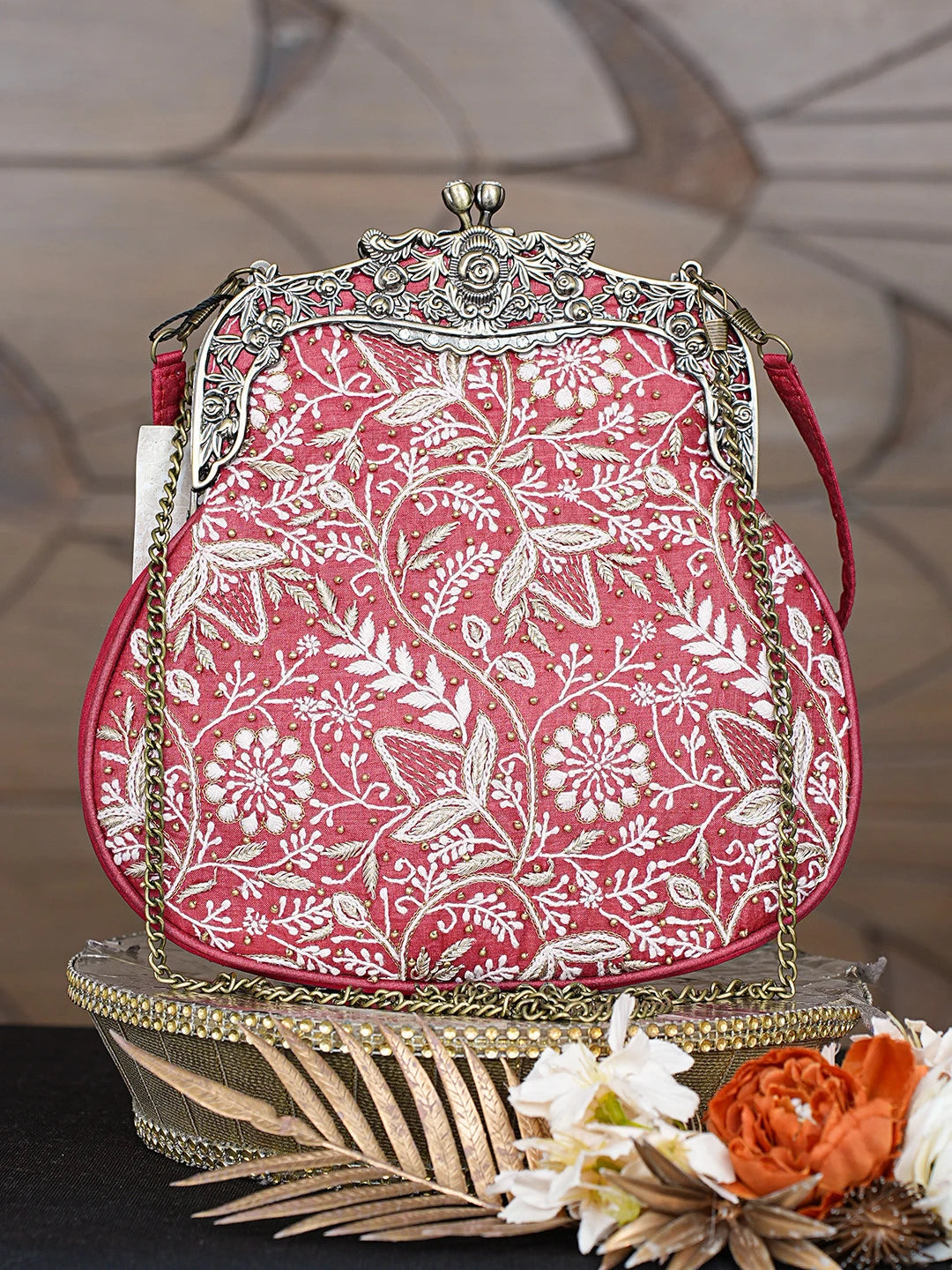Ada Hand Embroidered Red Silk Lucknowi Chikankari Clutch With Zari Work 01A791558