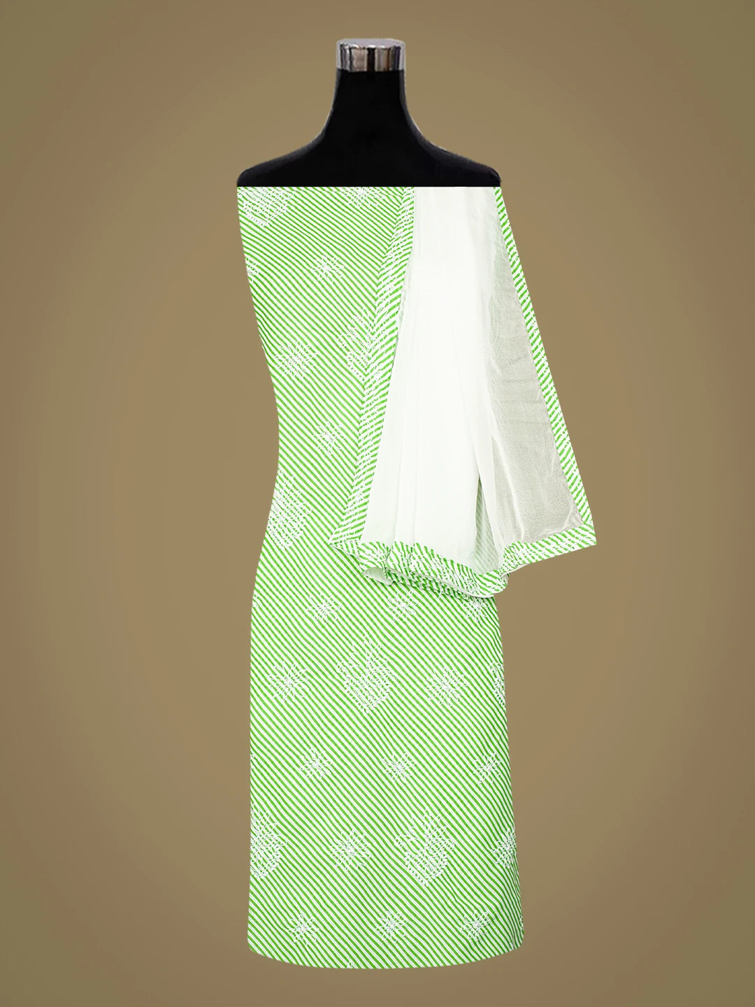 Ada Hand Embroidered White And Green Cotton Lucknowi Chikankari Unstitched Suit Piece 01A836818