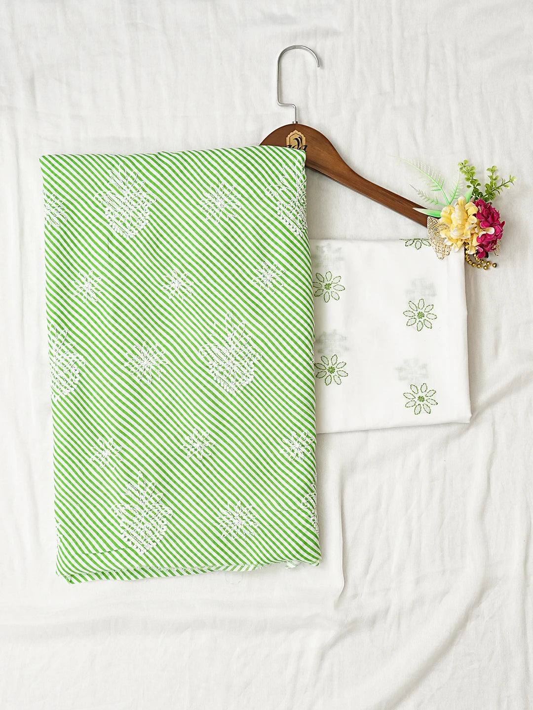 Ada Hand Embroidered White And Green Cotton Lucknowi Chikankari Unstitched Suit Piece 01A836818