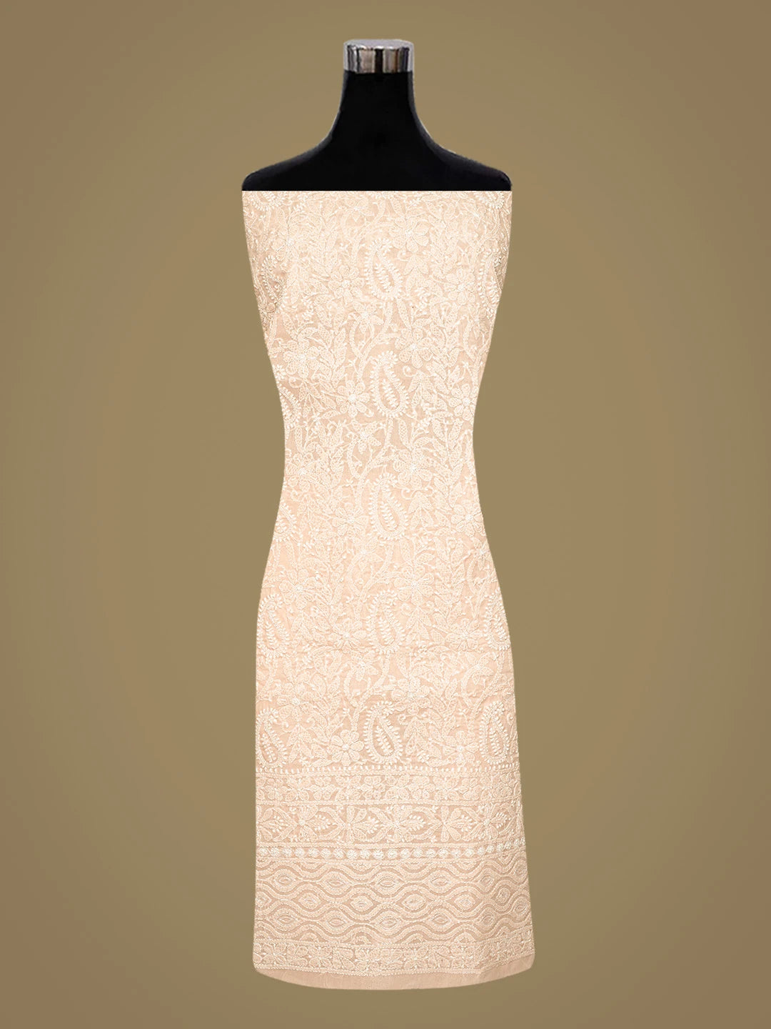 Ada Hand Embroidered Peach Cotton Lucknowi Chikankari Unstitched Kurta Piece With Cutdana Work 01A825248