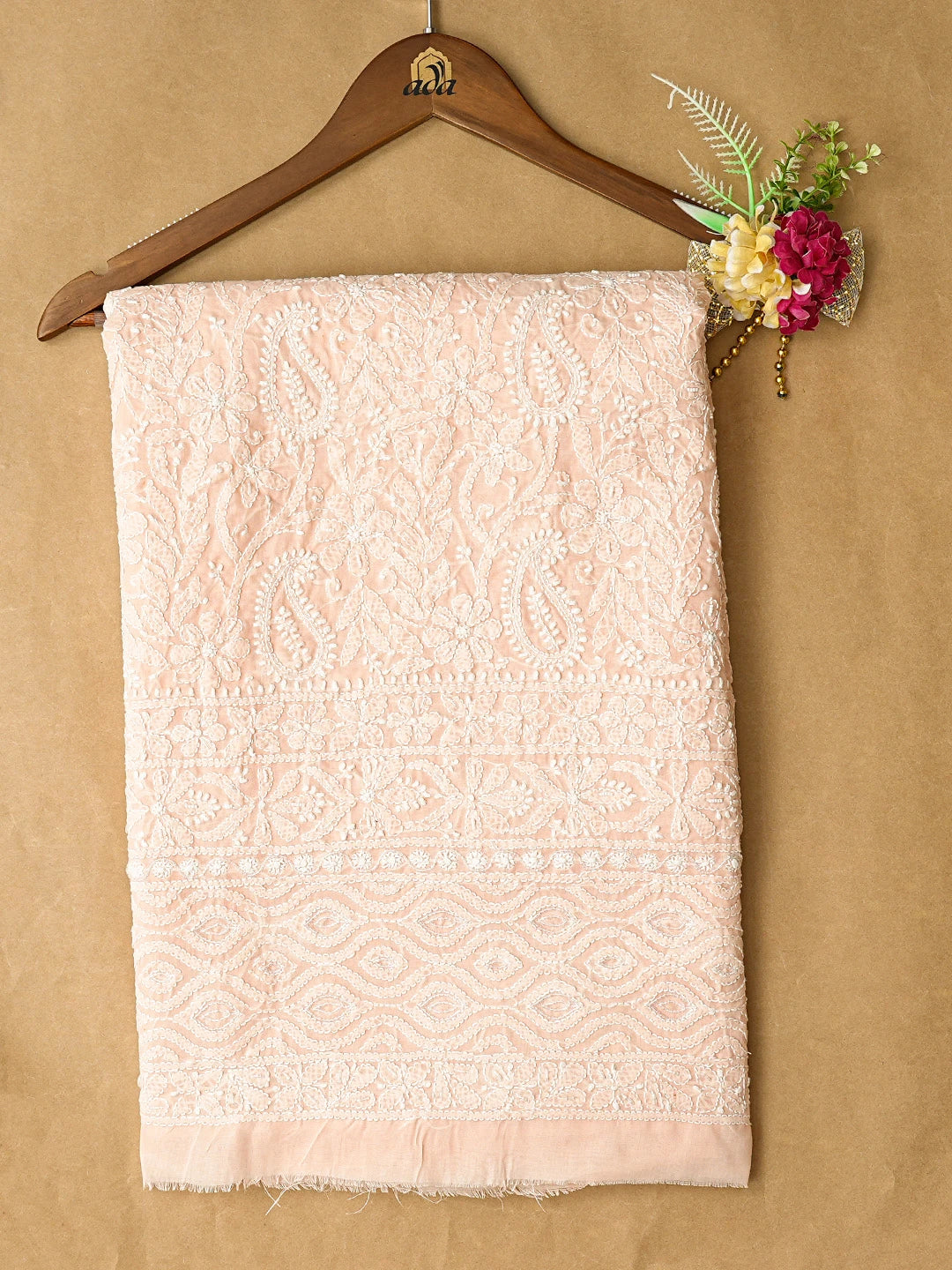 Ada Hand Embroidered Peach Cotton Lucknowi Chikankari Unstitched Kurta Piece With Cutdana Work 01A825248