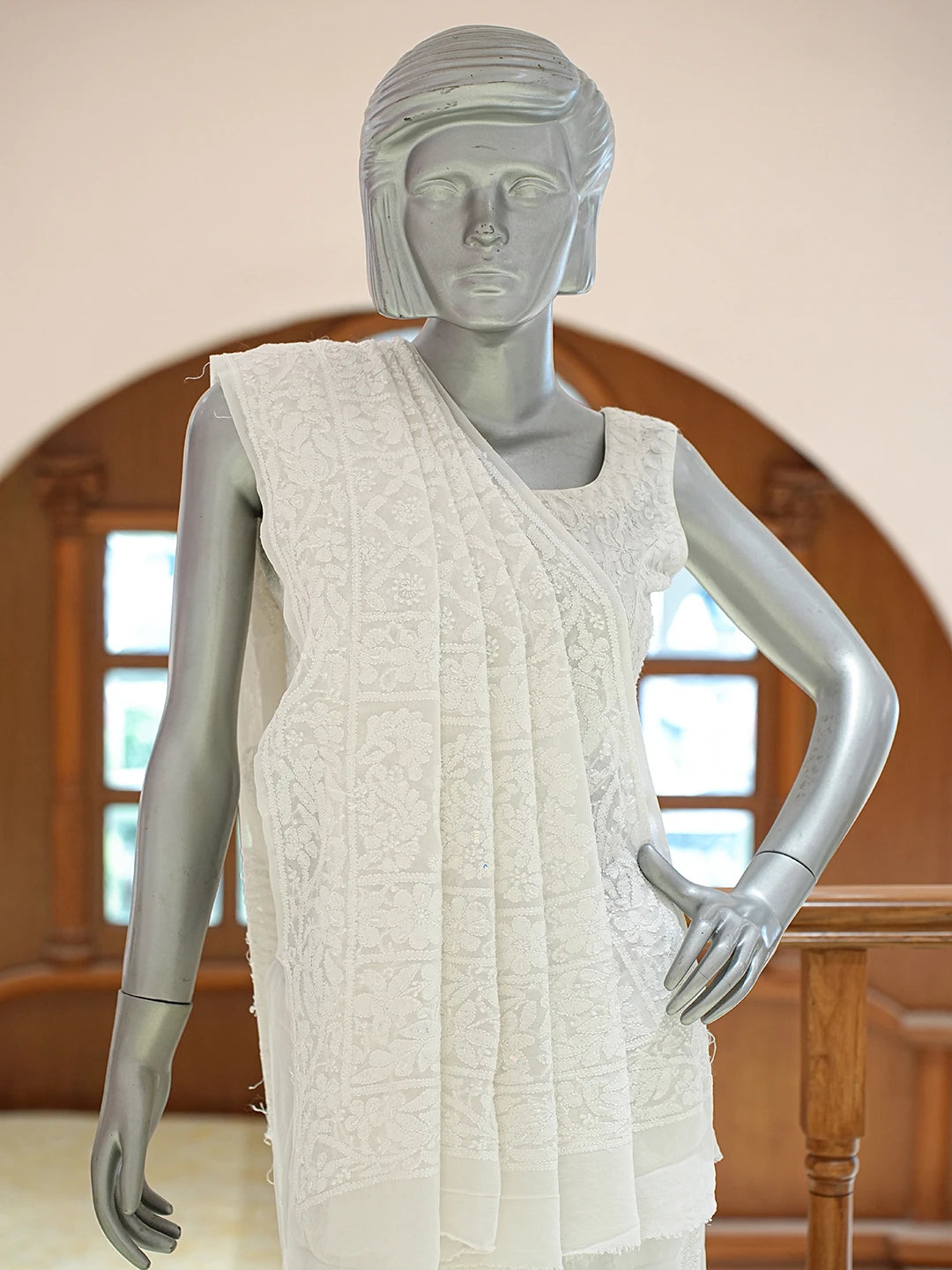 Ada Hand Embroidered White Pure Georgette Lucknowi Chikankari Saree and Blouse With Cutdana Work 01A834754