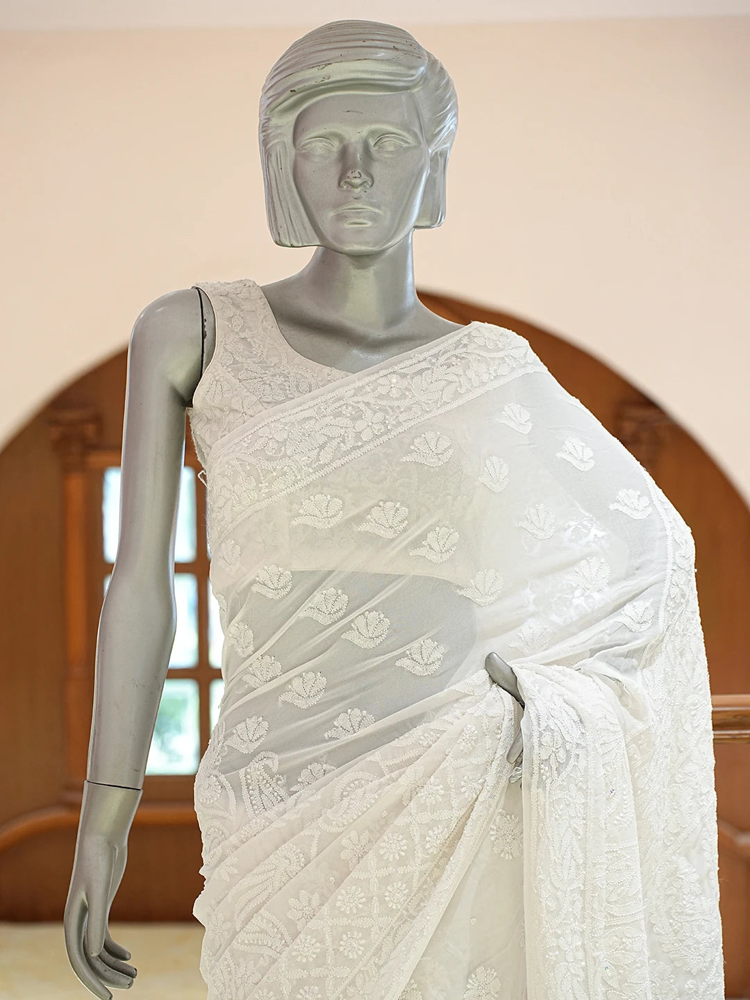 Ada Hand Embroidered White Pure Georgette Lucknowi Chikankari Saree and Blouse With Cutdana Work 01A834754
