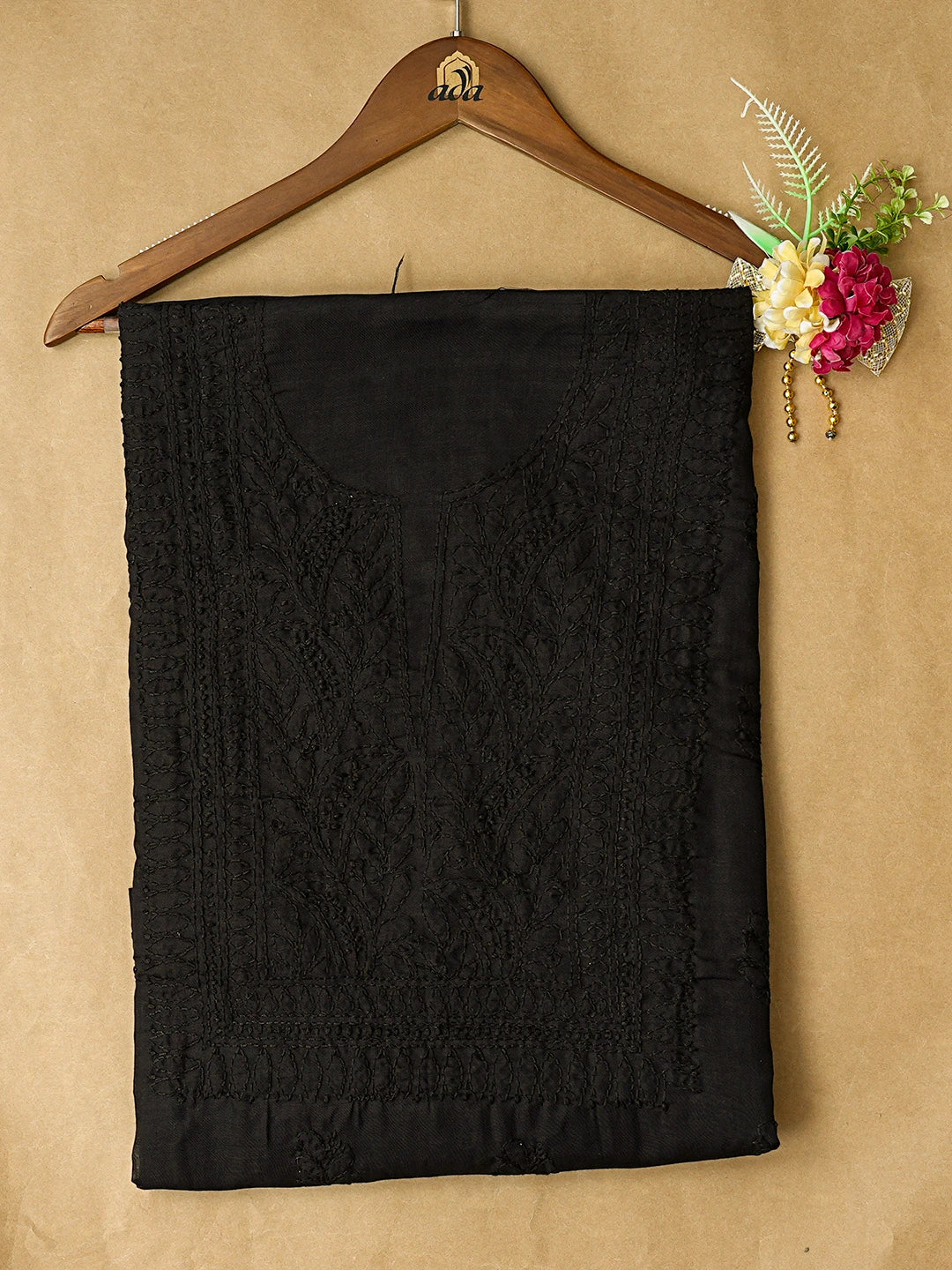Ada Hand Embroidered Black Cotton Lucknowi Chikankari Unstitched Kurta Piece 01A816541