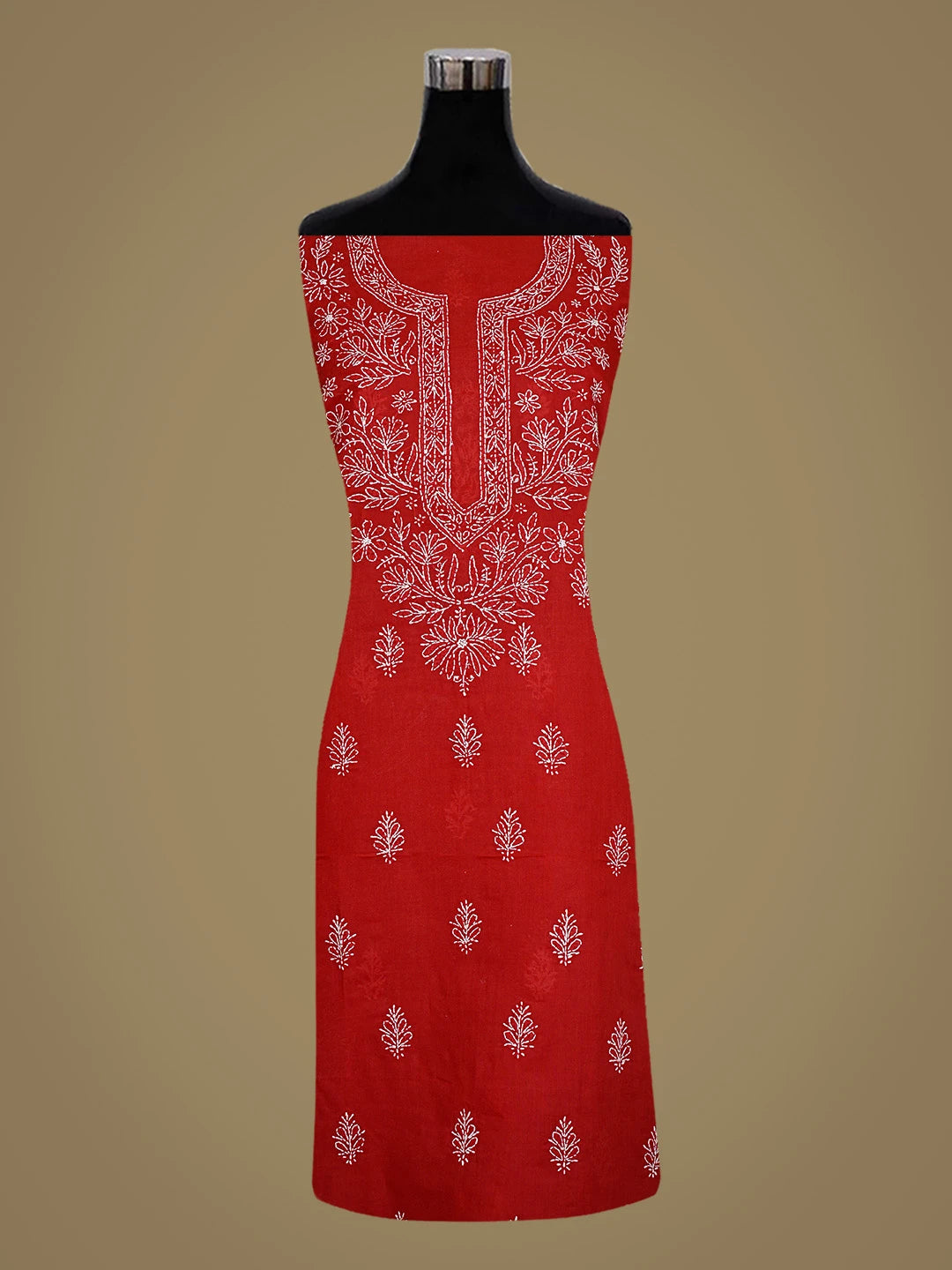 Ada Hand Embroidered Red Cotton Lucknowi Chikankari Unstitched Kurta Piece 01A712050