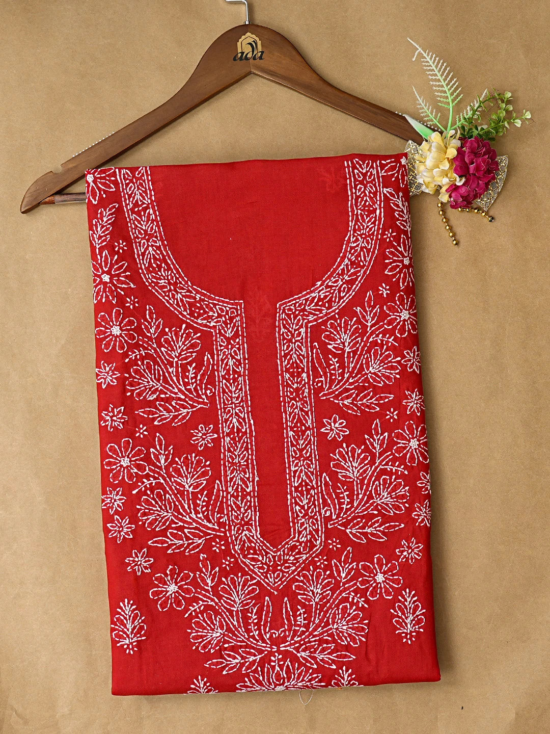 Ada Hand Embroidered Red Cotton Lucknowi Chikankari Unstitched Kurta Piece 01A712050