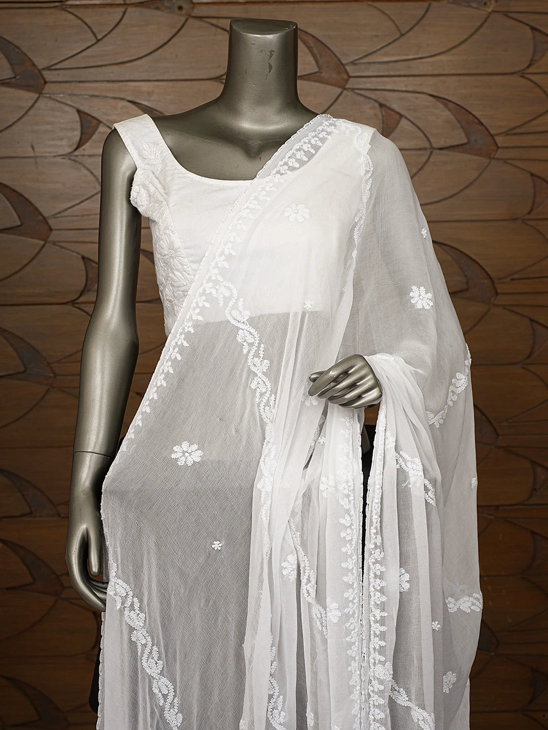 Ada Hand Embroidered White Chiffon Lucknowi Chikankari Dupatta 01A818968