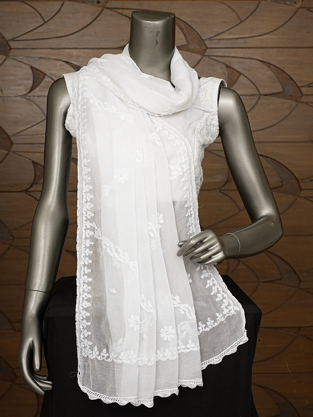Ada Hand Embroidered White Chiffon Lucknowi Chikankari Dupatta 01A818968