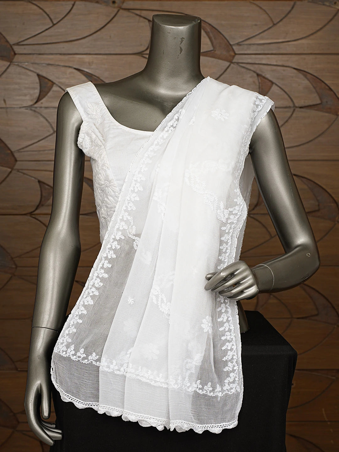 Ada Hand Embroidered White Chiffon Lucknowi Chikankari Dupatta 01A818968