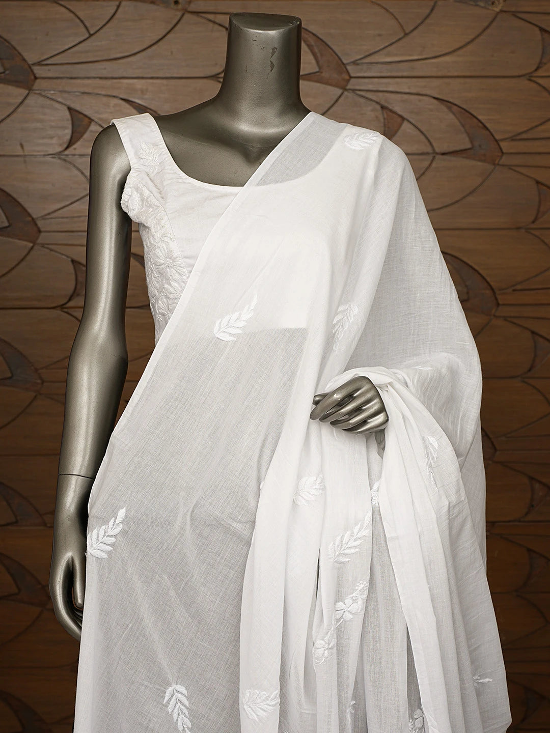 Ada Hand Embroidered White Cotton Lucknowi Chikankari Dupatta 01A832199