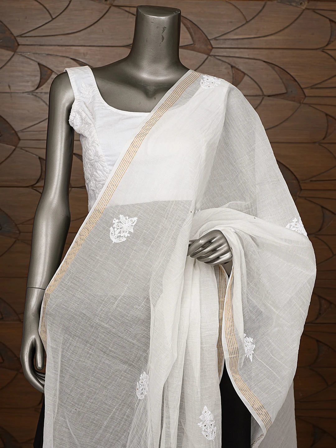 Ada Hand Embroidered White Chanderi Lucknowi Chikankari Dupatta With Muqaish Work 01A834659