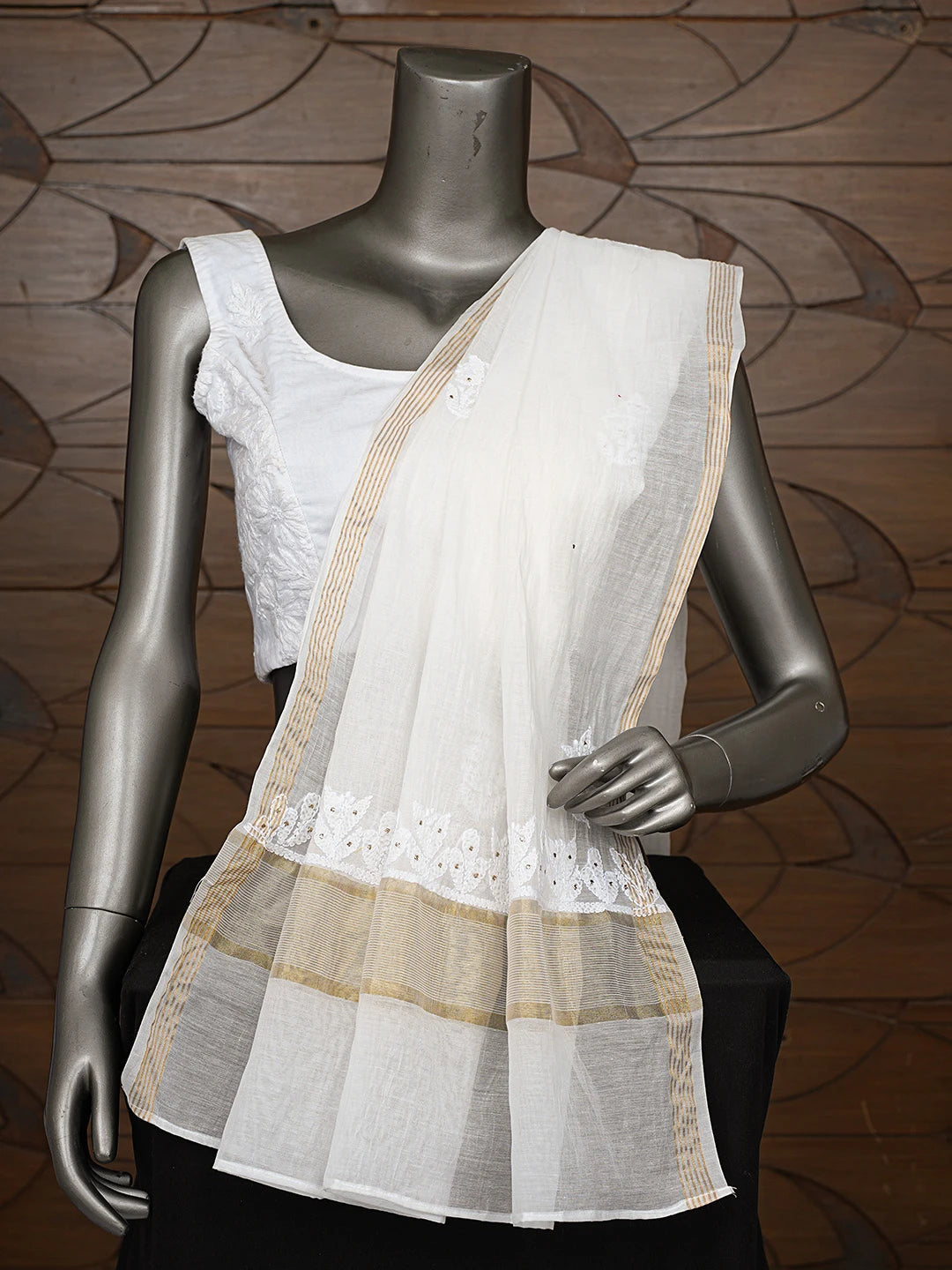 Ada Hand Embroidered White Chanderi Lucknowi Chikankari Dupatta With Muqaish Work 01A834659