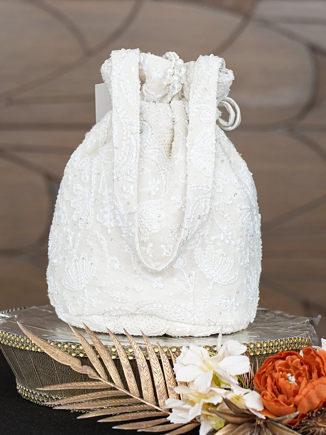 Ada Hand Embroidered Ivory White Pure Georgette Lucknowi Chikankari Potli Bag With Work 01A818494