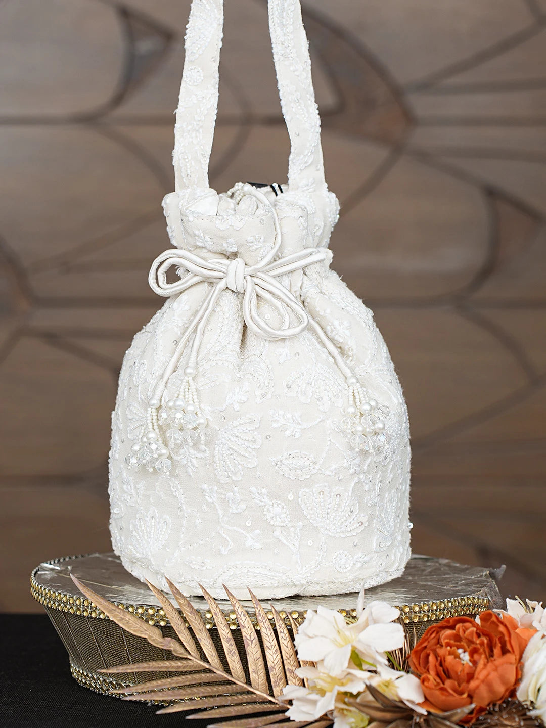 Ada Hand Embroidered Ivory White Pure Georgette Lucknowi Chikankari Potli Bag With Work 01A818494