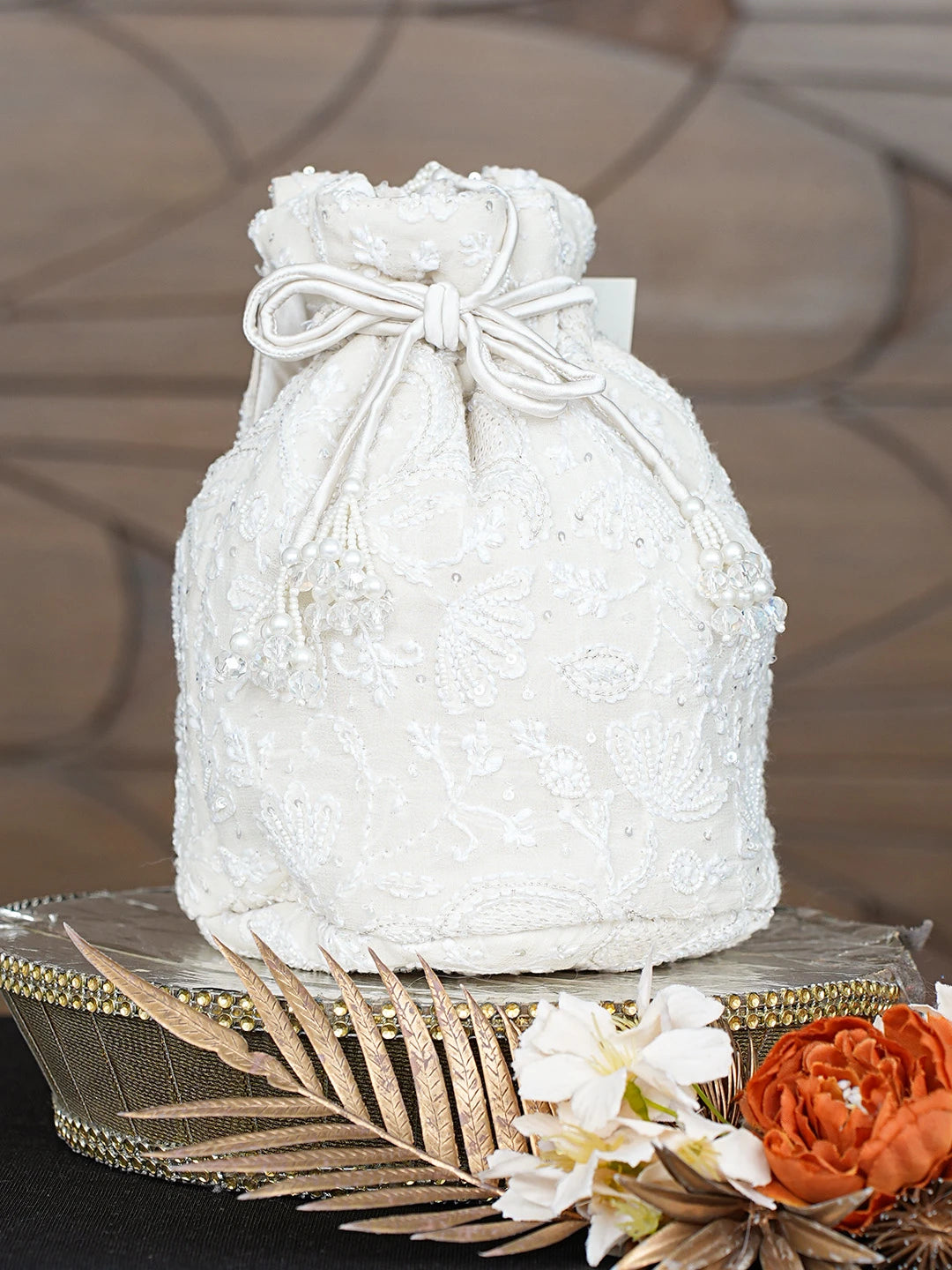 Ada Hand Embroidered Ivory White Pure Georgette Lucknowi Chikankari Potli Bag With Work 01A818494