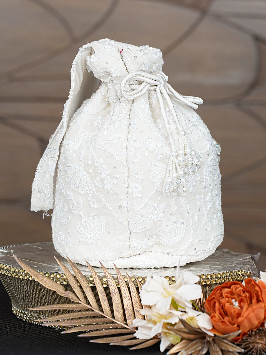 Ada Hand Embroidered Ivory White Pure Georgette Lucknowi Chikankari Potli Bag With Work 01A818494