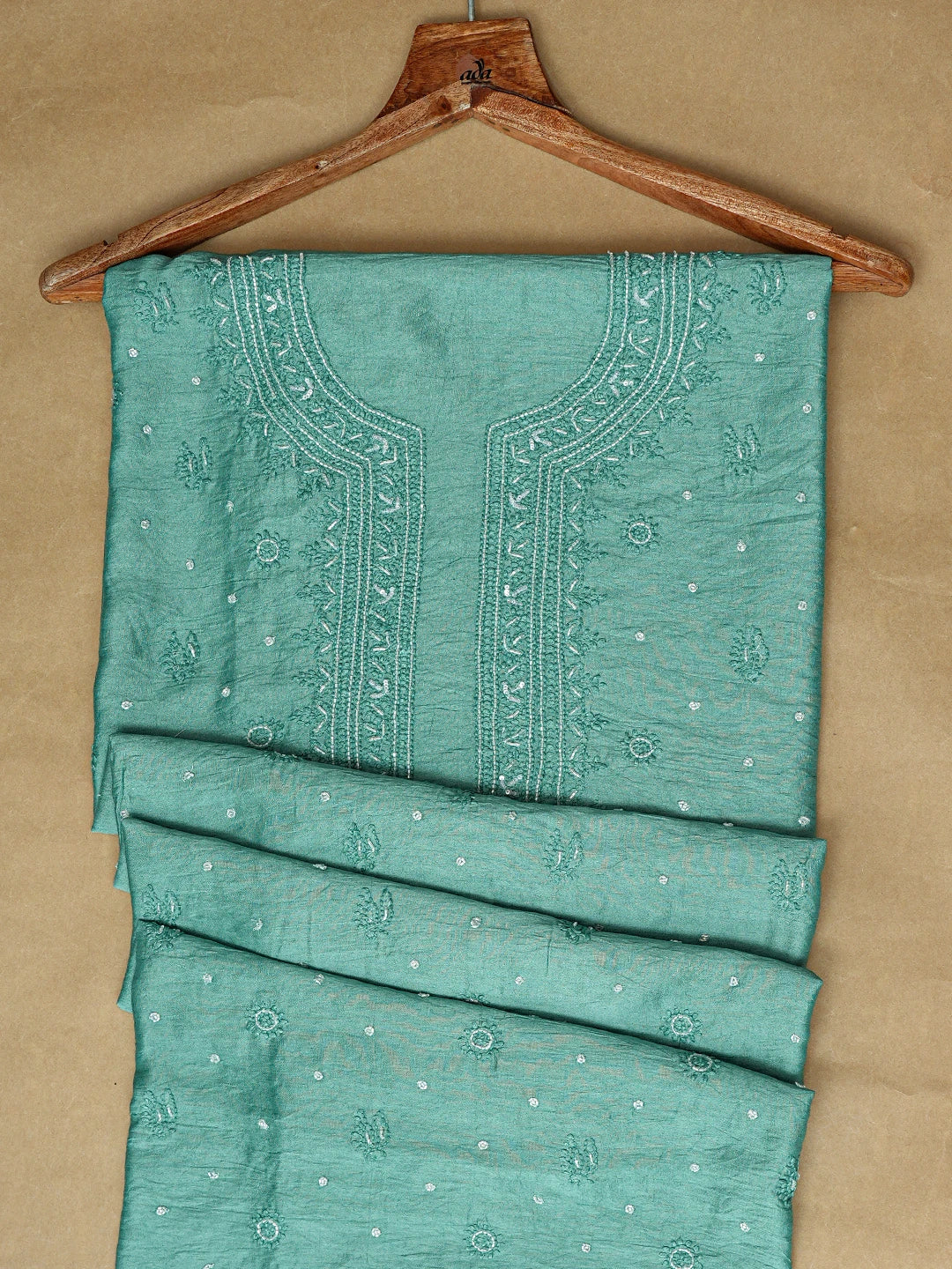 Ada Hand Embroidered Teal Green Chanderi Lucknowi Chikankari Unstitched Men's Kurta Piece With Cutdana Work 01A812604