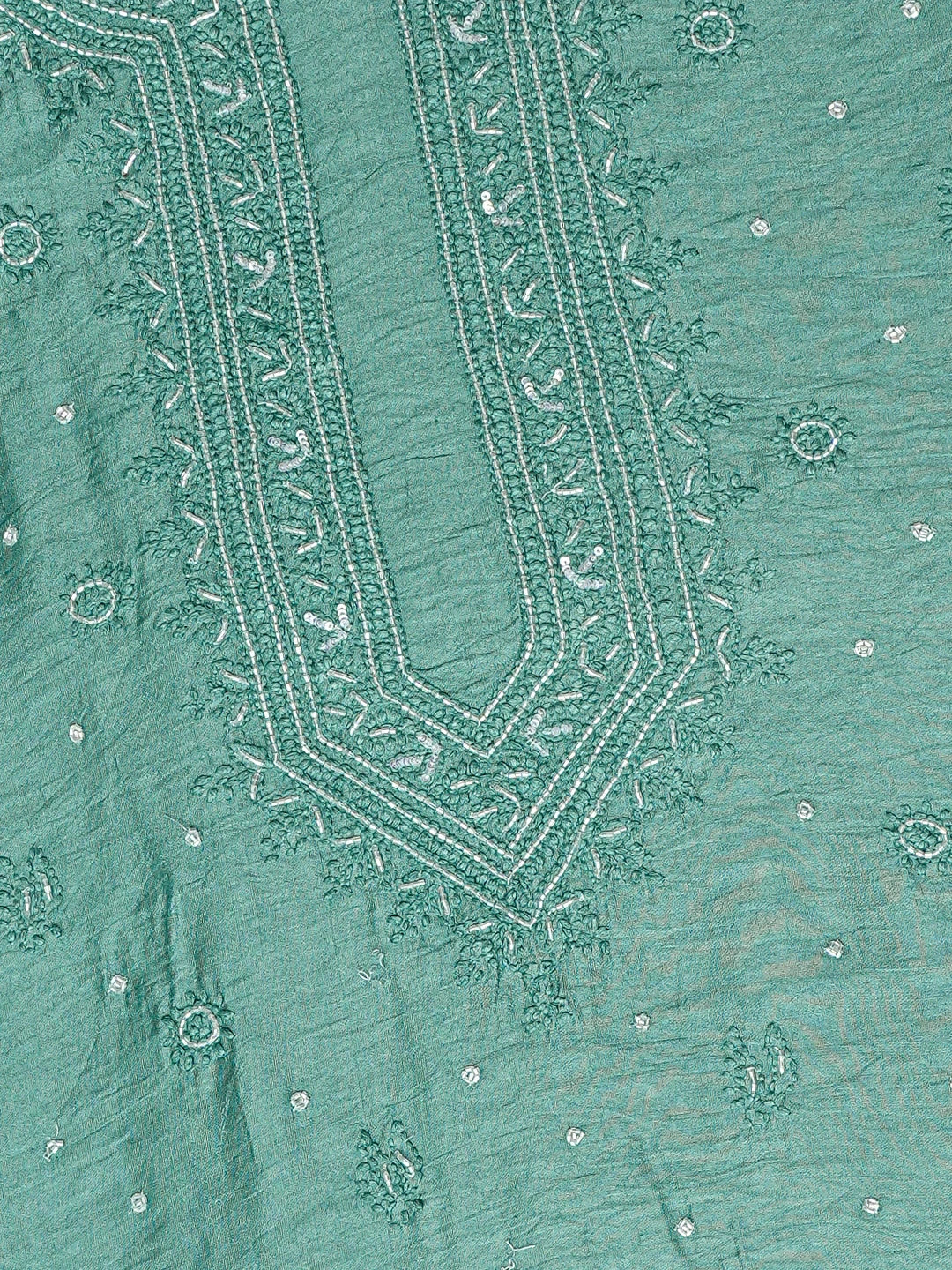 Ada Hand Embroidered Teal Green Chanderi Lucknowi Chikankari Unstitched Men's Kurta Piece With Cutdana Work 01A812604