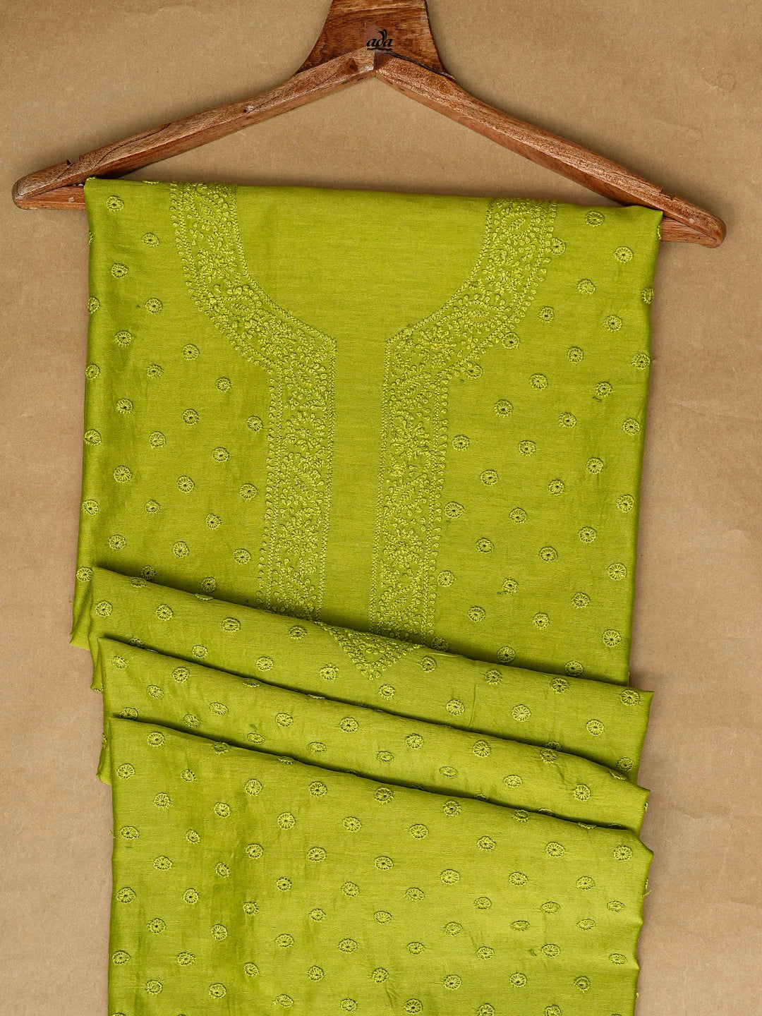 Ada Hand Embroidered Green Chanderi Lucknowi Chikankari Unstitched Men's Kurta Piece 01A795432
