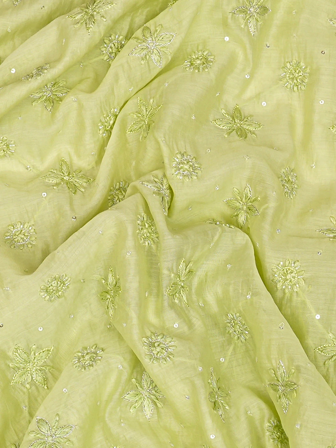 Ada Hand Embroidered Lime Green Chanderi Lucknowi Chikankari Unstitched Men's Kurta Piece With Cutdana Work 01A708574