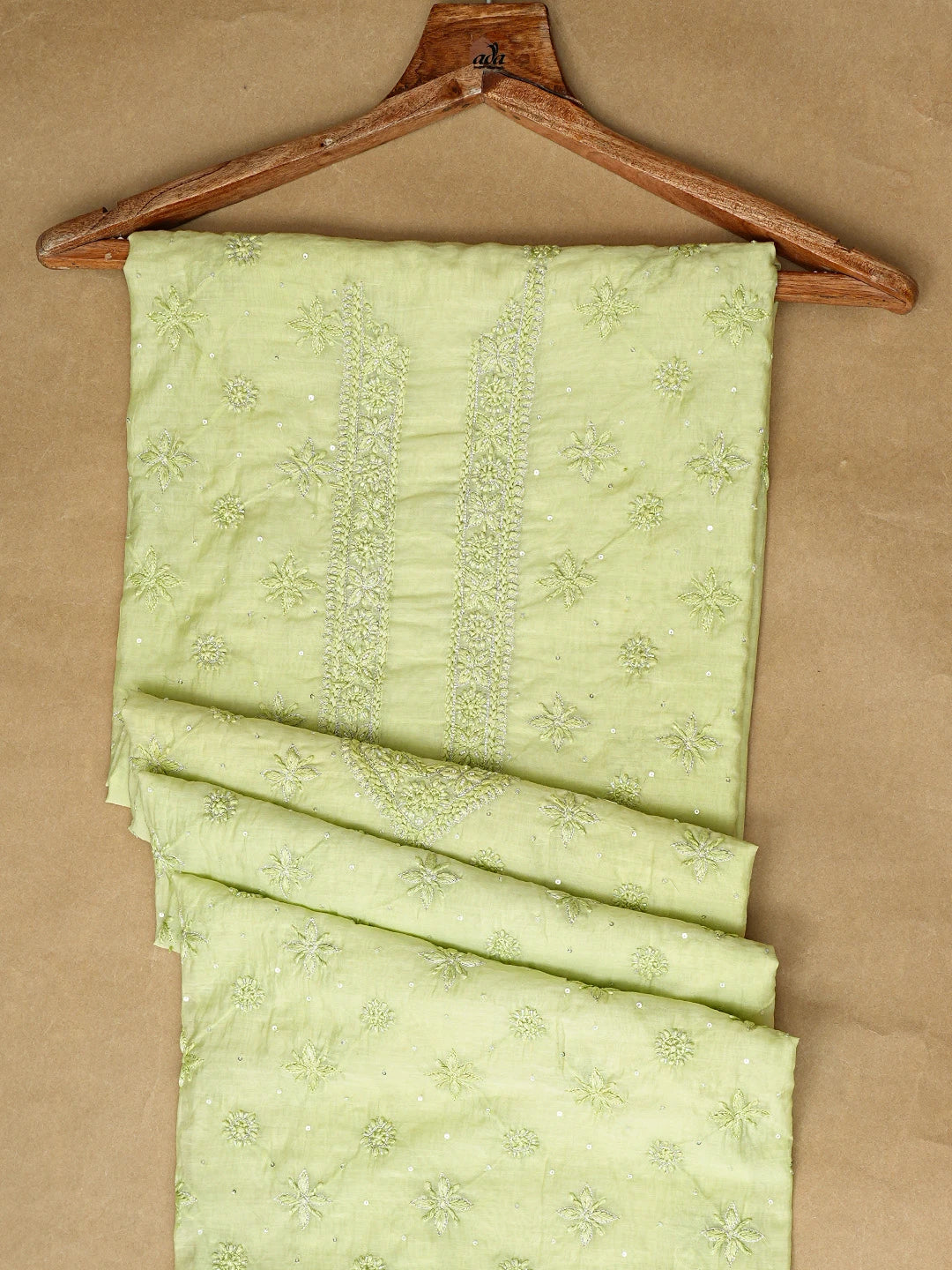 Ada Hand Embroidered Lime Green Chanderi Lucknowi Chikankari Unstitched Men's Kurta Piece With Cutdana Work 01A708574