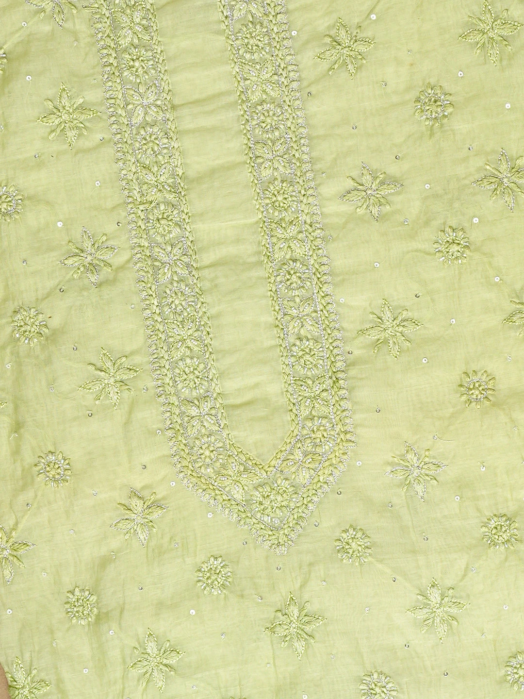 Ada Hand Embroidered Lime Green Chanderi Lucknowi Chikankari Unstitched Men's Kurta Piece With Cutdana Work 01A708574