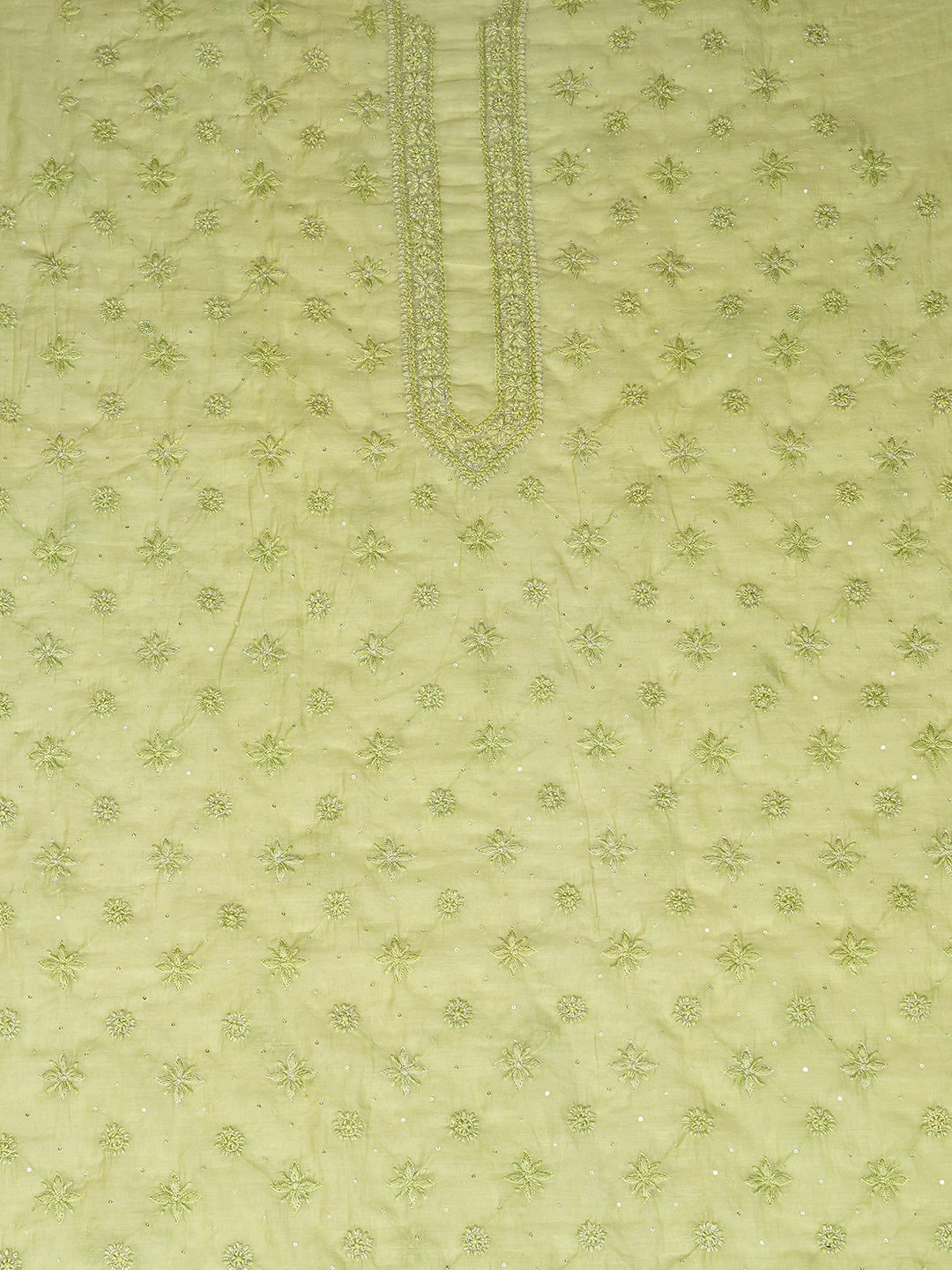 Ada Hand Embroidered Lime Green Chanderi Lucknowi Chikankari Unstitched Men's Kurta Piece With Cutdana Work 01A708574
