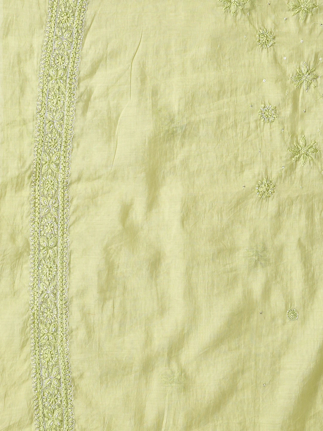 Ada Hand Embroidered Lime Green Chanderi Lucknowi Chikankari Unstitched Men's Kurta Piece With Cutdana Work 01A708574