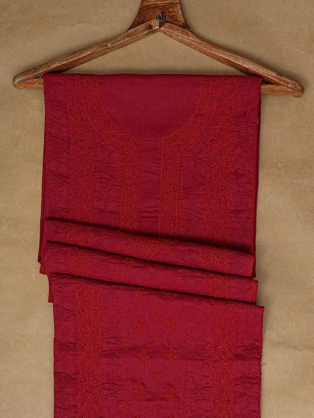 Ada Hand Embroidered Maroon Cotton Lucknowi Chikankari Unstitched Men's Kurta Piece 01A697124