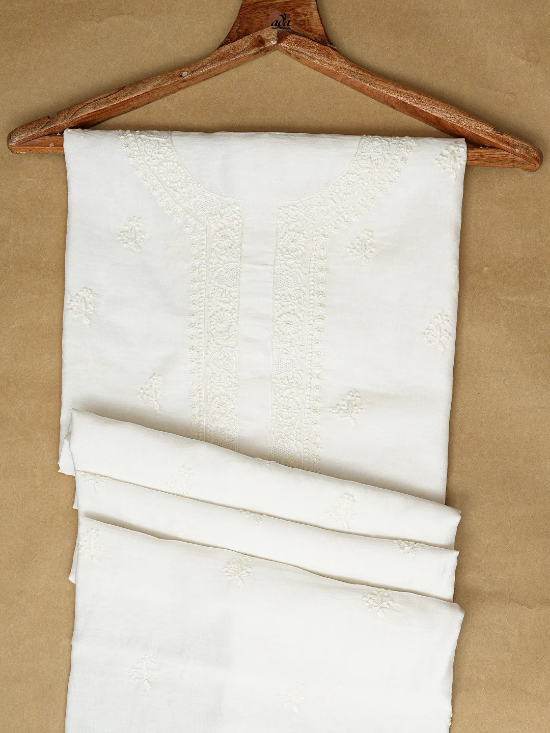 Ada Hand Embroidered White Chanderi Lucknowi Chikankari Unstitched Men's Kurta Piece 01A705333